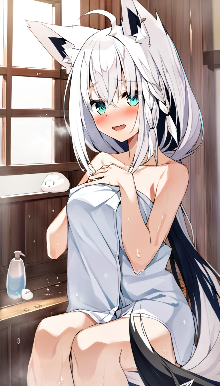 one girl, Shirakami Fubuki, fox ears, white hair, just after taking a bath, blush, bath towel