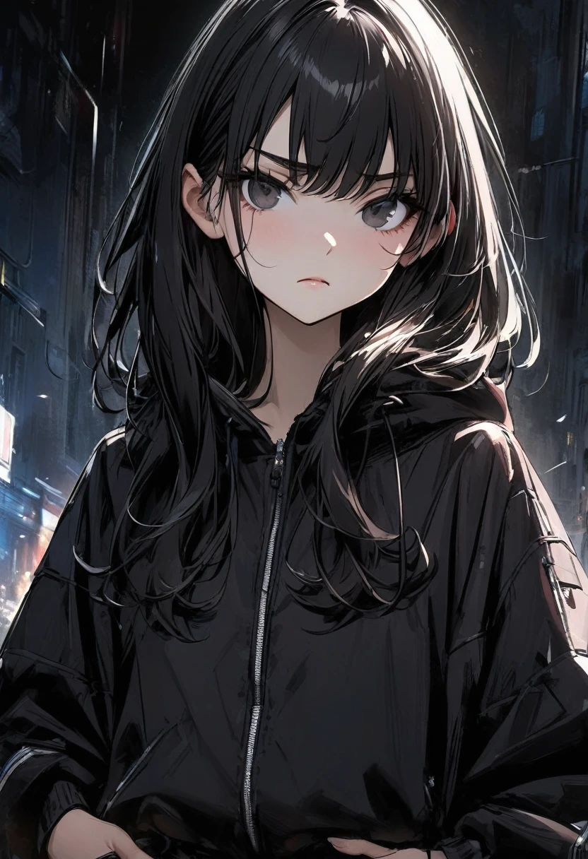 Young girl black long hair black eyes cyberpunk black windbreaker high quality masterpiece sunny serious expression