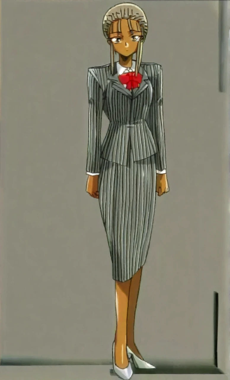90s anime grown tall skinny black skinned female business woman in a grey pinstripe skirt suit wearing grey heels with cornrow hair full body
Pinstripe blaze and pinstripe skirt and red bow