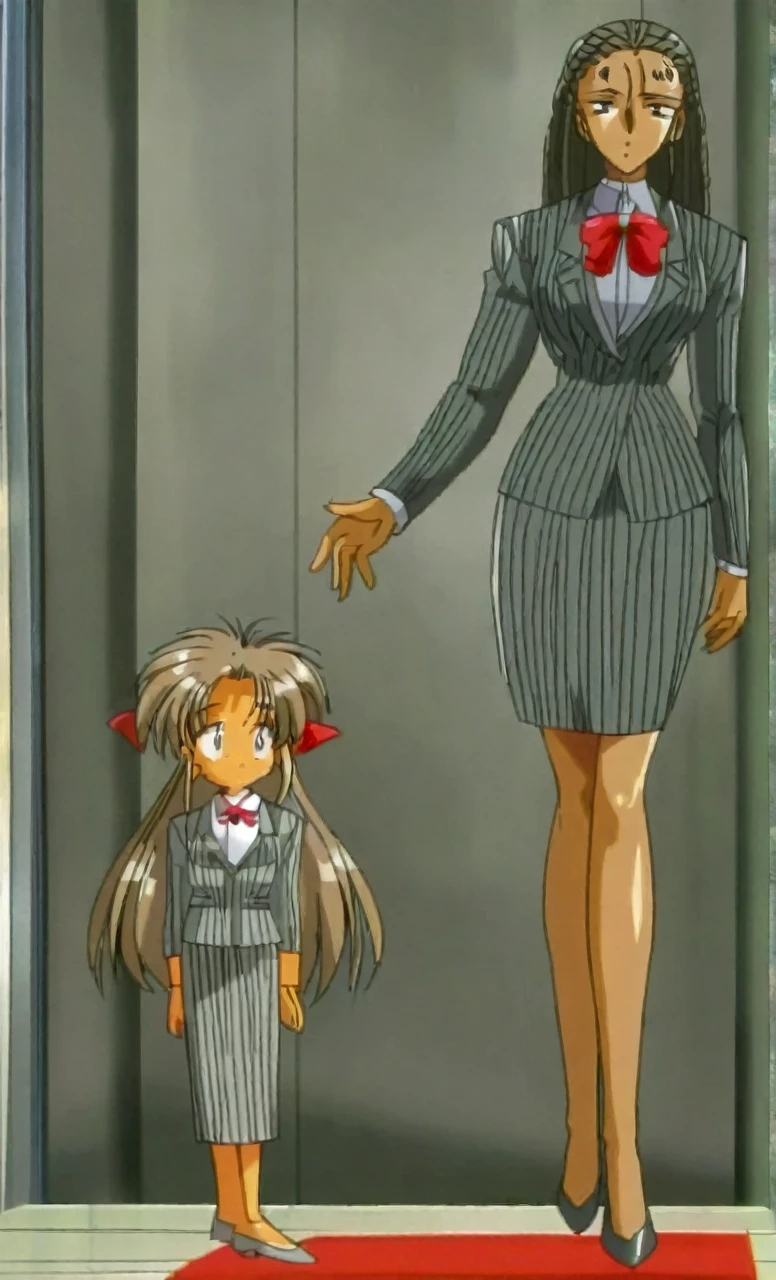 90s anime grown tall skinny black skinned female business woman in a grey pinstripe skirt suit wearing grey heels with cornrow hair full body
Pinstripe blaze and pinstripe skirt and red bow