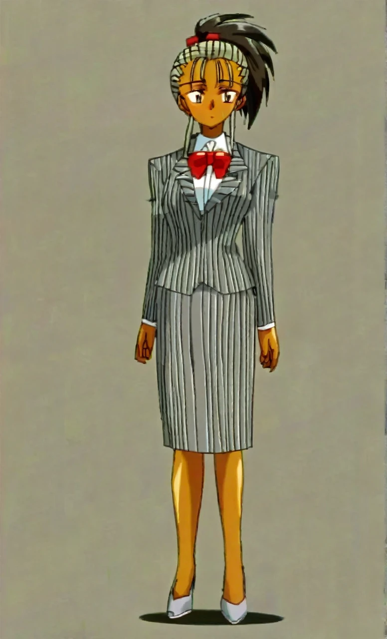 90s anime grown tall skinny black skinned female business woman in a grey pinstripe skirt suit wearing grey heels with cornrow hair full body
Pinstripe blaze and pinstripe skirt and red bow