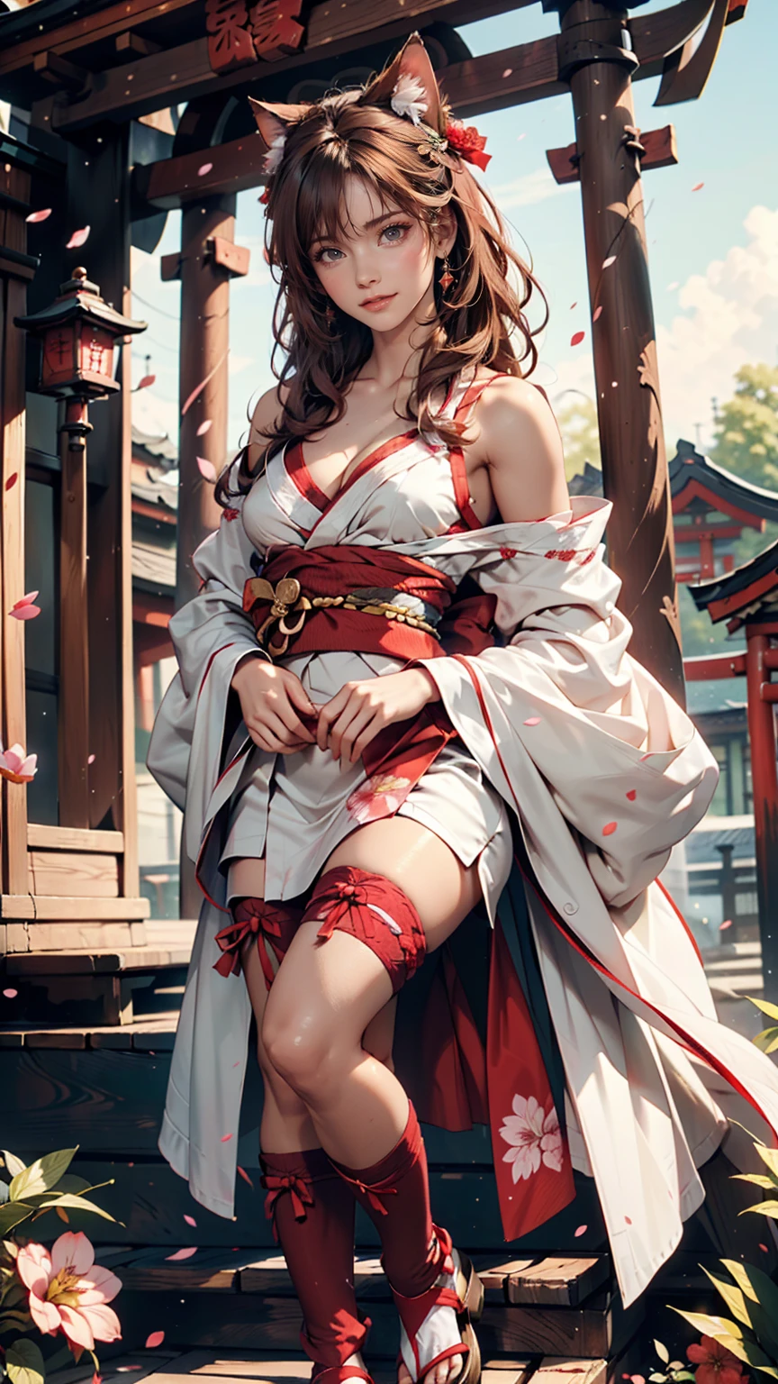 ((masterpiece,Highest quality)),Outdoor, Red Torii Gate, wood, stage,, Two Girls, Shrine maiden,Shrine maiden, View your viewers, Recall,, Red legwear, red ribbon, Black Hair,cherry blossoms, Day, flower, Hair Bun, hair ribbon, kimono, kimono, Long Hair, Cat ear, small flowers,, Multiple Girls, Red eyes, Redhead, ribbon, Sandals, single Hair Bun, Are standing,clog Sandals,white kimono, Yellow Eyes,Shine,Knee socks, 24-year-old woman、Sexy proportionature female body、Sexy proportionakeup、Lips with red lipstick、Textured skin((textured skin))、smile、Narrow waist、Shoulder exposed、Cleavage Emphasis、Nipple Emphasis