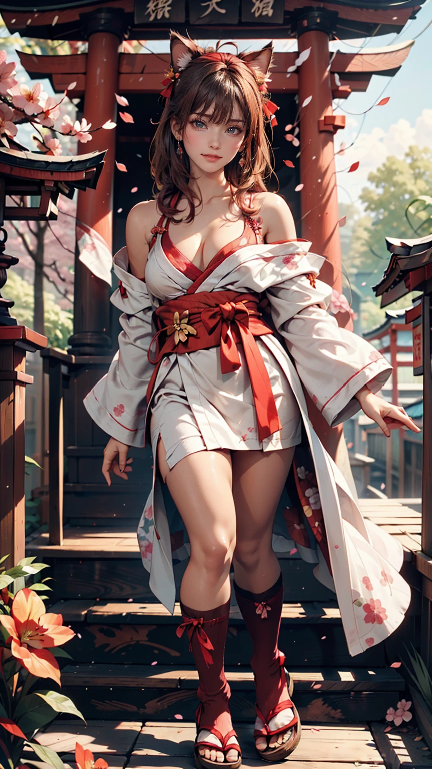 ((masterpiece,Highest quality)),Outdoor, Red Torii Gate, wood,  stage,, Two Girls, Shrine maiden,Shrine maiden, View your viewers, Recall,, Red legwear, red ribbon, Black Hair,cherry blossoms, Day, flower, Hair Bun, hair ribbon, kimono, kimono, Long Hair, Cat ear, small flowers，, Multiple Girls,  Red eyes, Redhead, ribbon, Sandals, single Hair Bun, Are standing,clog Sandals,white kimono, Yellow Eyes,Shine,Knee socks, 24-year-old woman、Sexy proportionature female body、Sexy proportionakeup、Lips with red lipstick、Textured skin((textured skin))、smile、Narrow waist、Shoulder exposed、Cleavage Emphasis、Nipple Emphasis