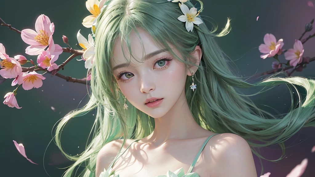One girl, alone, flower畑, flower, (Official Art, unity 8k wallpaper, Super detailed, beautifully、aesthetic, masterpiece ,Highest quality:1.3), (Dynamic Angle:1.2), (Floating colorful sparkles:1) , elegant, Vibrant colors, Highly detailed face, Detailed eyes, Glowing Skin, Glossy Lips , Pale green background,