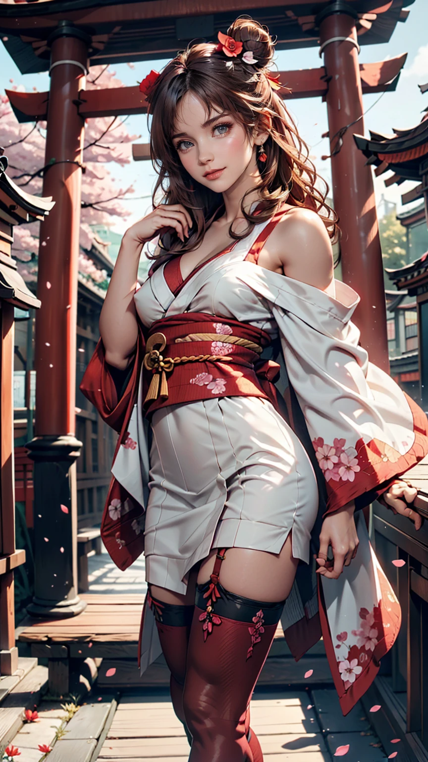 ((masterpiece,Highest quality)),Outdoor, Red Torii Gate, wood, stage,, Two Girls, Shrine maiden,Shrine maiden, View your viewers, Recall,, Red legwear, red ribbon, Black Hair,cherry blossoms, Day, flower, Hair Bun, hair ribbon, kimono, kimono, Long Hair, Cat ear, small flowers,, Multiple Girls, Red eyes, Redhead, ribbon, Sandals, single Hair Bun, Are standing,clog Sandals,white kimono, Yellow Eyes,Shine,Knee socks, 24-year-old woman、Sexy proportionature female body、Sexy proportionakeup、Lips with red lipstick、Textured skin((textured skin))、smile、Narrow waist、Shoulder exposed、Cleavage Emphasis、Nipple Emphasis