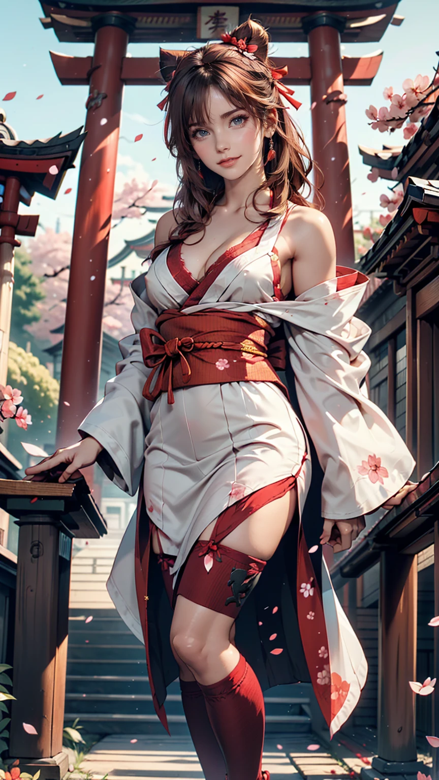 ((masterpiece,Highest quality)),Outdoor, Red Torii Gate, wood,  stage,, Two Girls, Shrine maiden,Shrine maiden, View your viewers, Recall,, Red legwear, red ribbon, Black Hair,cherry blossoms, Day, flower, Hair Bun, hair ribbon, kimono, kimono, Long Hair, Cat ear, small flowers，, Multiple Girls,  Red eyes, Redhead, ribbon, Sandals, single Hair Bun, Are standing,clog Sandals,white kimono, Yellow Eyes,Shine,Knee socks, 24-year-old woman、Sexy proportionature female body、Sexy proportionakeup、Lips with red lipstick、Textured skin((textured skin))、smile、Narrow waist、Shoulder exposed、Cleavage Emphasis、Nipple Emphasis