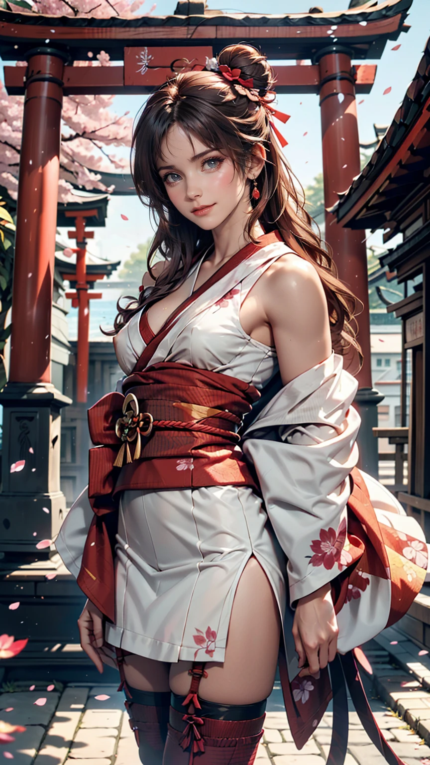((masterpiece,Highest quality)),Outdoor, Red Torii Gate, wood,  stage,, Two Girls, Shrine maiden,Shrine maiden, View your viewers, Recall,, Red legwear, red ribbon, Black Hair,cherry blossoms, Day, flower, Hair Bun, hair ribbon, kimono, kimono, Long Hair, Cat ear, small flowers，, Multiple Girls,  Red eyes, Redhead, ribbon, Sandals, single Hair Bun, Are standing,clog Sandals,white kimono, Yellow Eyes,Shine,Knee socks, 24-year-old woman、Sexy proportionature female body、Sexy proportionakeup、Lips with red lipstick、Textured skin((textured skin))、smile、Narrow waist、Shoulder exposed、Cleavage Emphasis、Nipple Emphasis