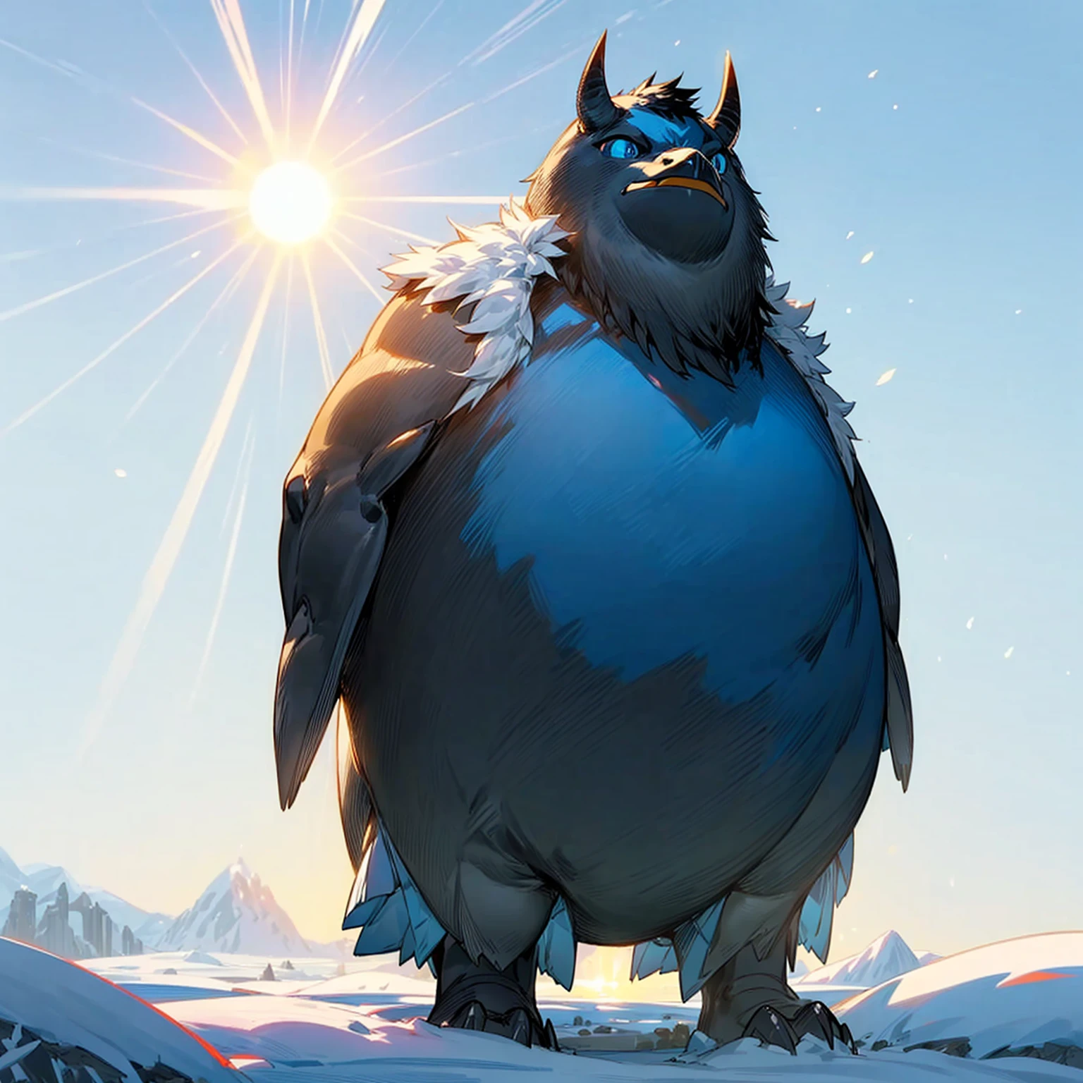 1character, Full body version, blue bison mixed with penguin, blue eyes, bison head mixed, very fat stomach, largest body, very tall height, Grassroots, full background in snow, In the morning, the silhouette of the sun, the glare of the sun, his eyes shining blue light