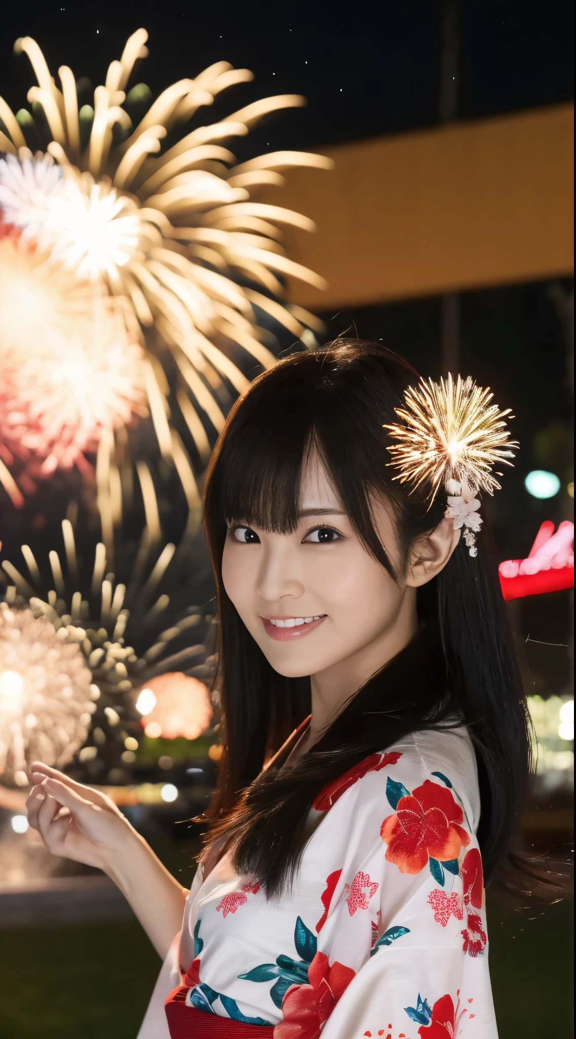 ((masterpiece(:1.4)，Highest quality，Ultra-high resolution，Highest quality，8k，Extremely detailed，In detail))。night，Fireworks display，Summer festival，Opening a store，Japanese，Female college student，Yukata，cute，Clear，(Fireworks displayのnightに河川敷で花火を背景にしたスナップ写真)，Hyper Quality