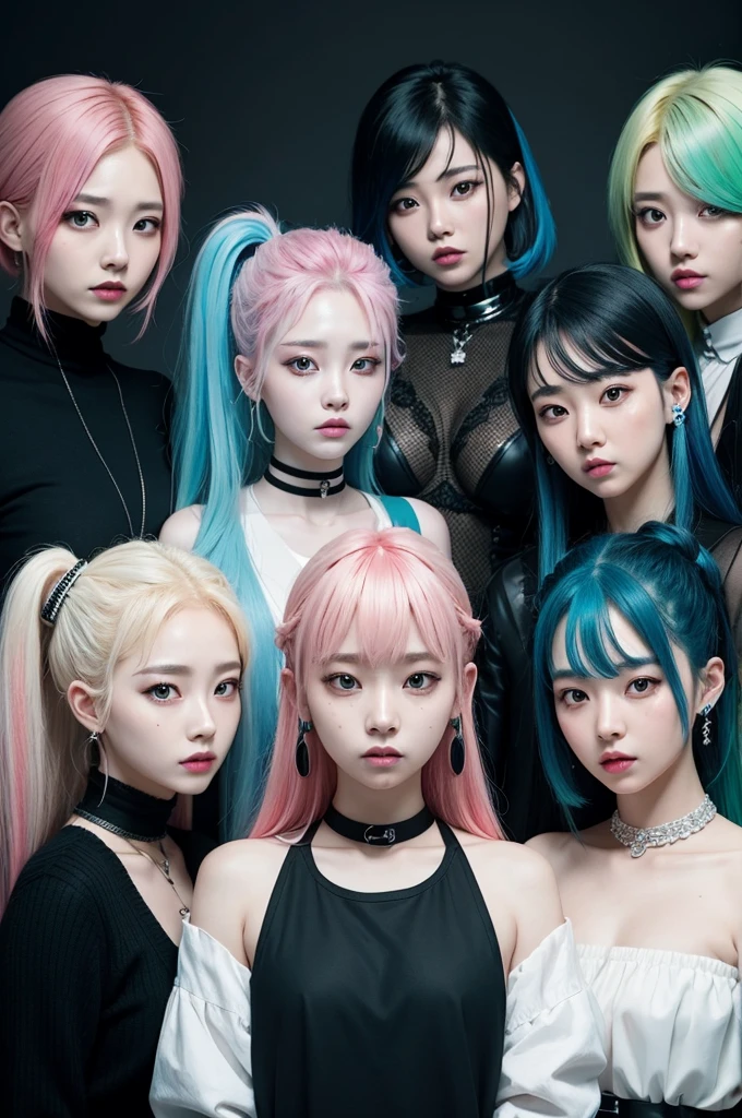 Kpop group with 8 members. Blue hair, black with white highlights, blond, Red-Haired, white, brown with green highlights, pink and black short.