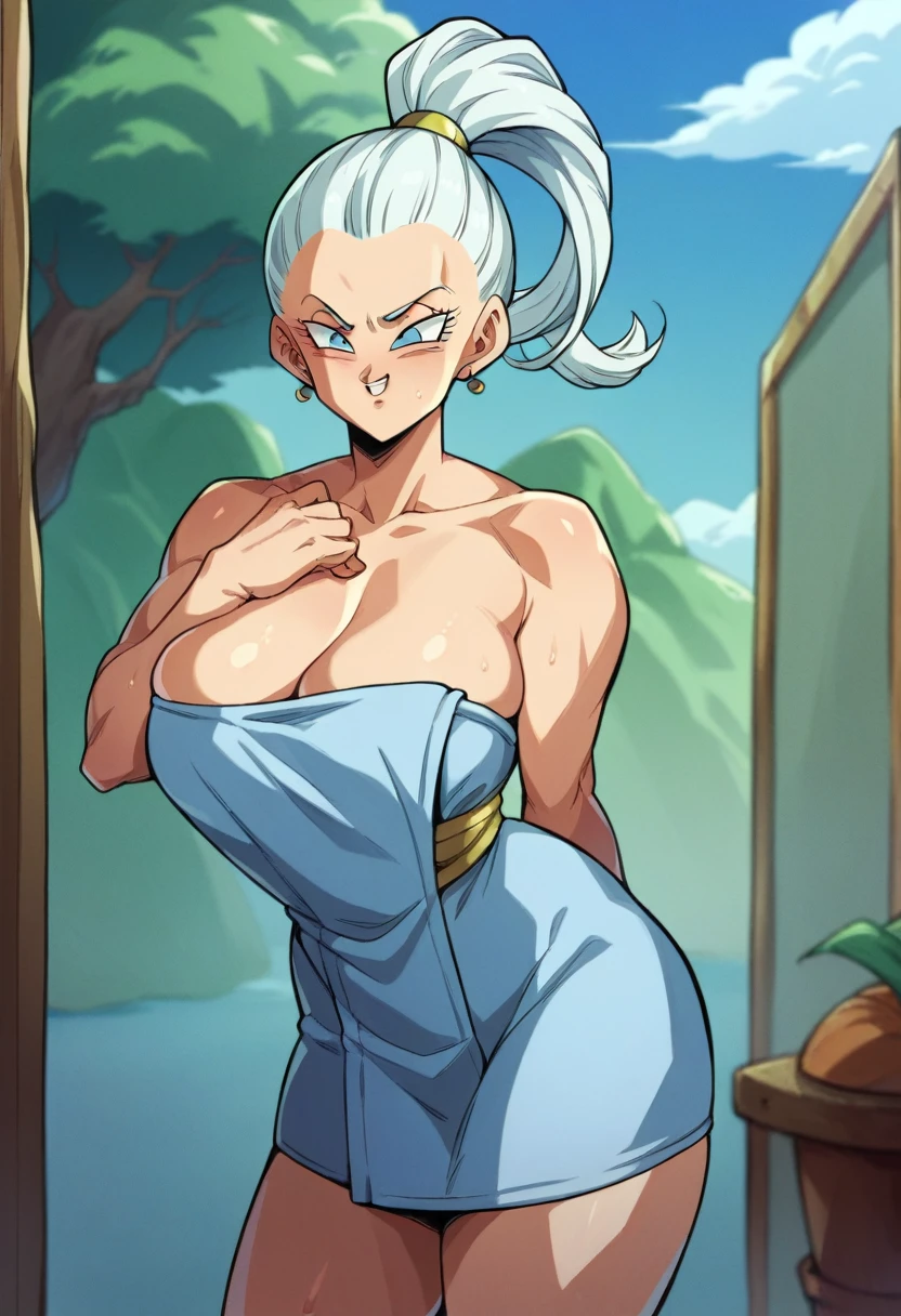 Goku, Girl, sexy, Female Goku, Super Dragon Ball character , sexy, detailed body, with towel and very voluptuous body, white hair and light blue skin