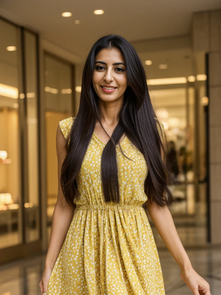 Rania, 1girl, solo, ((Egyptian woman)), consistent face and body, ((MILF)), ((30 years old)), (mature), ((slim)), ((Egyptian face)), (Egyptian nose), (Egyptian lips), ((long straight hair)), upper body and upper legs, (background: mall in Saudi), BREAK, (wearing yellow printed pring dress),