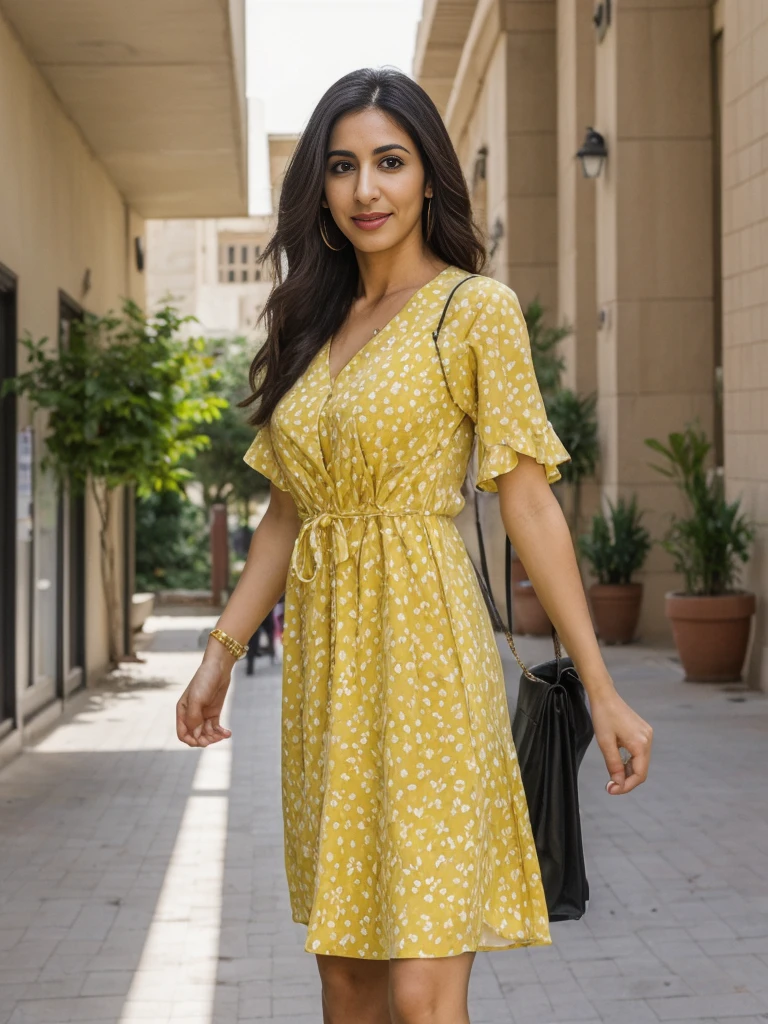 Rania, 1girl, solo, ((Egyptian woman)), consistent face and body, (()), ((30 years old)), (matu(slim)), ((Egyptian face)), (Egyptian nose), (Egyptian lips), ((long straight hair)), upper body and upper legs, (background: mall in Saudi), BREAK, (wearing yellow printed pring dress),