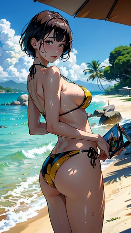((Highest quality, masterpiece, High resolution))、Beautiful Japanese Women、((Real anime art))、 ((1 girl))、 Normal size 、Slim figure、Medium Short Hair、double eyelid、Wet see-through bikini、A pareo with bold ethnic patterns and plenty of primary colors.、Realistic Skin、Wet、whole body、Cinematic Light、tropical、On the sunny beach、With the sea in the background、Blur the background、Look back