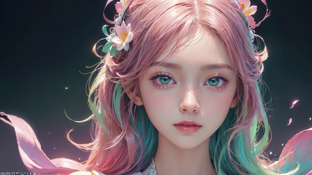One girl, alone, flower畑, flower, (Official Art, unity 8k wallpaper, Super detailed, beautifully、aesthetic, masterpiece ,Highest quality:1.3), (Dynamic Angle:1.2), (Floating colorful sparkles:1) , elegant, Vibrant colors, Highly detailed face, Detailed eyes, Glowing Skin, Glossy Lips , Pale green background,