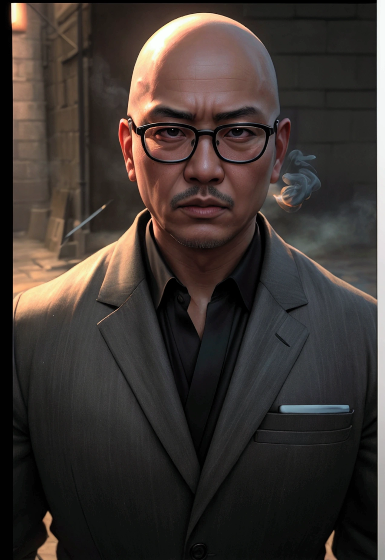 (Highest quality,4K,8k,High resolution,masterpiece:1.2),Very detailed,(Realistic,photoRealistic,photo-Realistic:1.37),anime,Skinhead,round face,Glasses with rounded edges,white stubble,Middle-aged Asian man,Black suit,black eye,Japanese sword,Grainy cityscape,Dark Alley,Mysterious Shadow,Spectacular Background,Smoke effect,Vibrant colors,Concept Artist,Moody lighting,superpower