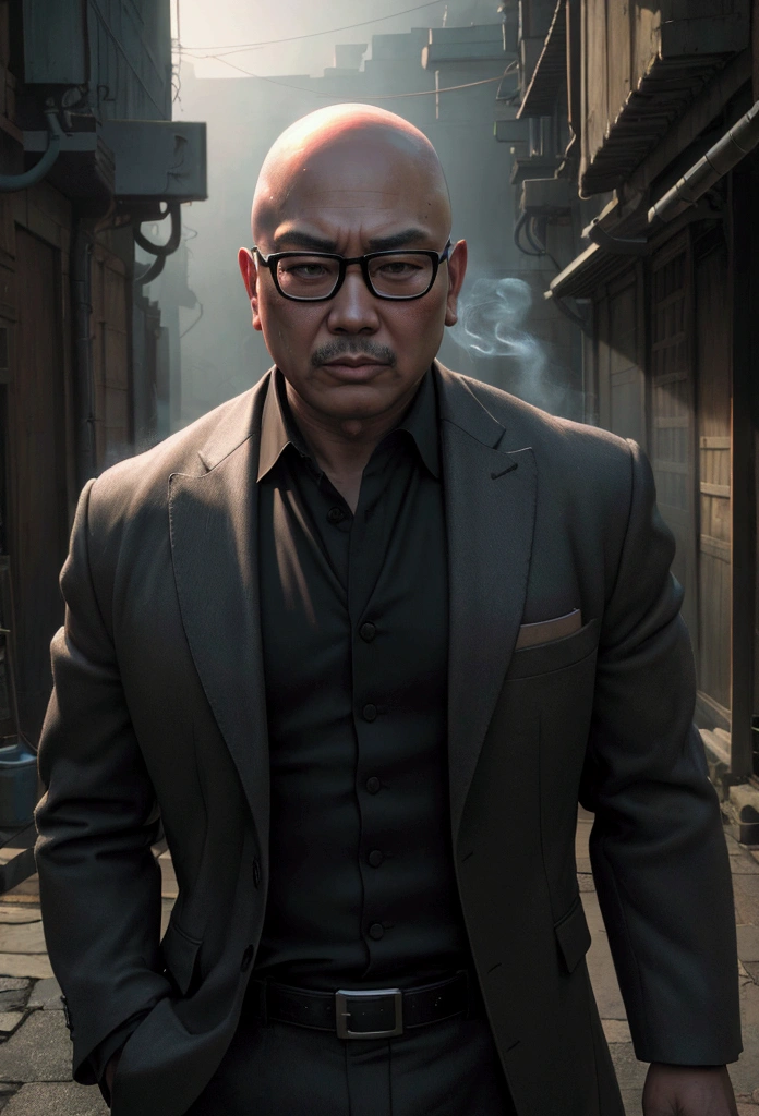 (Highest quality,4K,8k,High resolution,masterpiece:1.2),Very detailed,(Realistic,photoRealistic,photo-Realistic:1.37),anime,Skinhead,round face,Glasses with rounded edges,white stubble,Middle-aged Asian man,Black suit,black eye,Japanese sword,Grainy cityscape,Dark Alley,Mysterious Shadow,Spectacular Background,Smoke effect,Vibrant colors,Concept Artist,Moody lighting,superpower