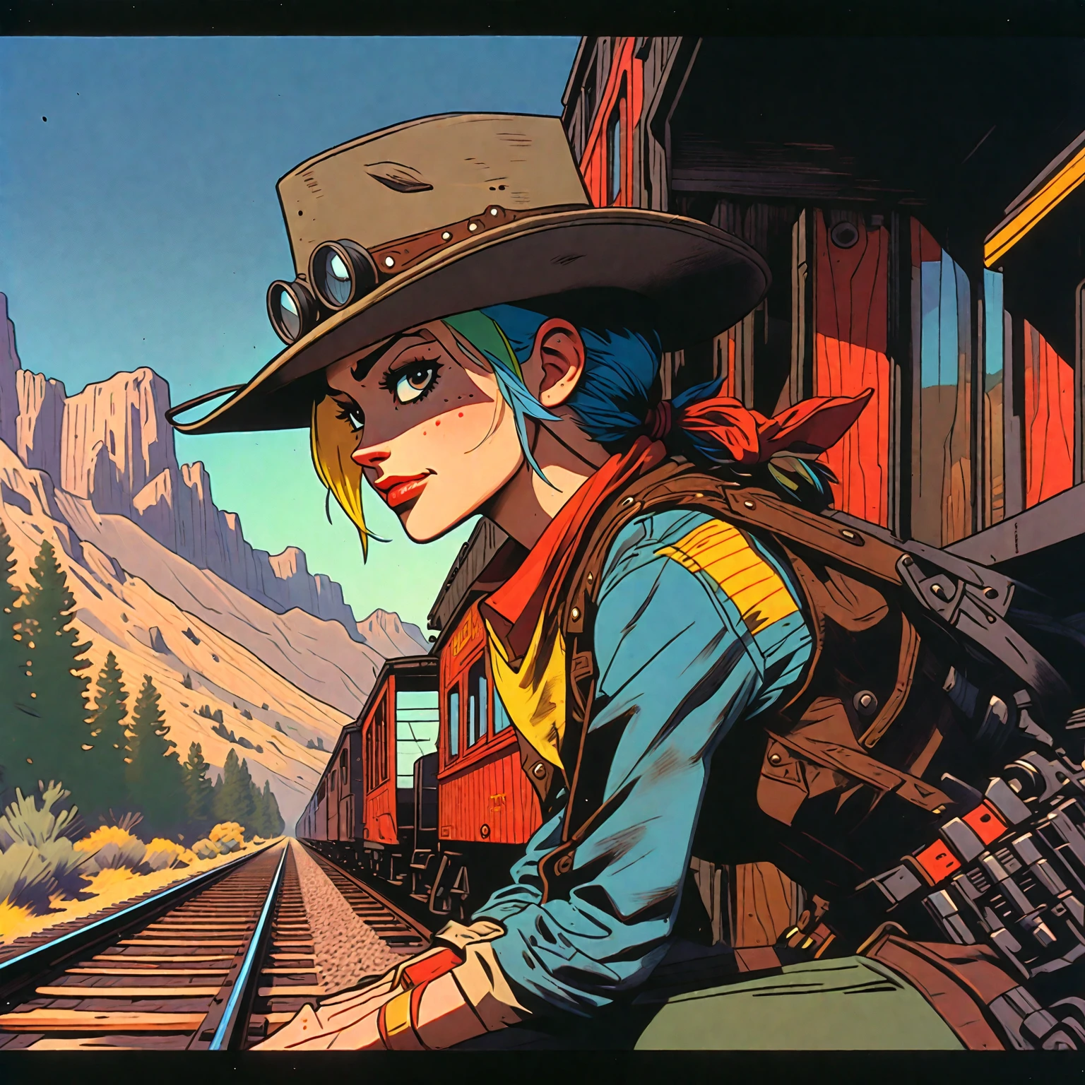 Tank Girl, riding the rear brakeman's end of the caboose, outfit distinct homage to cobow western, (jamie hewlett style reference), upclose zoom, portrait, candid, close-up of face, hand drawn, cartoon, animated, 1990's comic, (full roygbiv color) ink charcoal expressive illustration, sense of movement and energy as the train rides through the sierra ranges, background the western plains in the distance, no light source, darkness, light mask uv rays across face, absurd, with rich color grading, cel shading, warm and unified colors, rotoscope, animated, VHS, glitch, distorted, nostalgia, 90's retro vibe, hyper maximal, strange, hyperrealistic, rotoscope expressive ink bold line hand drawn, in a cinematic style, analog tape, vcr aesthetics, tv, television, hand drawn, minimal, precise,