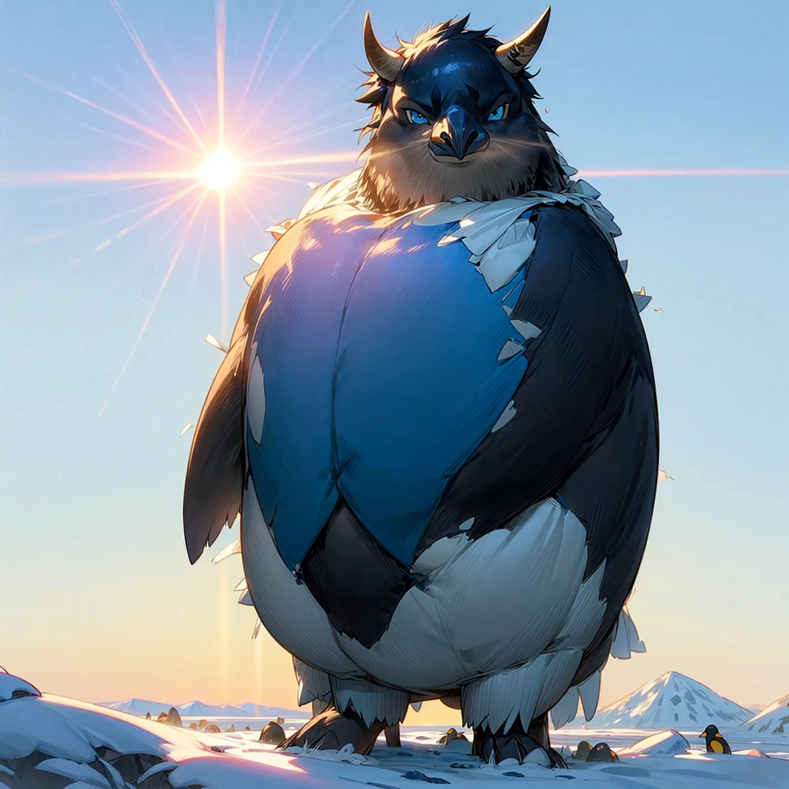 1character, Full body version, blue bison mixed with penguin, blue eyes, bison head mixed, very fat stomach, largest body, very tall height, Grassroots, full background in snow, In the morning, the silhouette of the sun, the glare of the sun, his eyes shining blue light, 100 feet taller than humans 