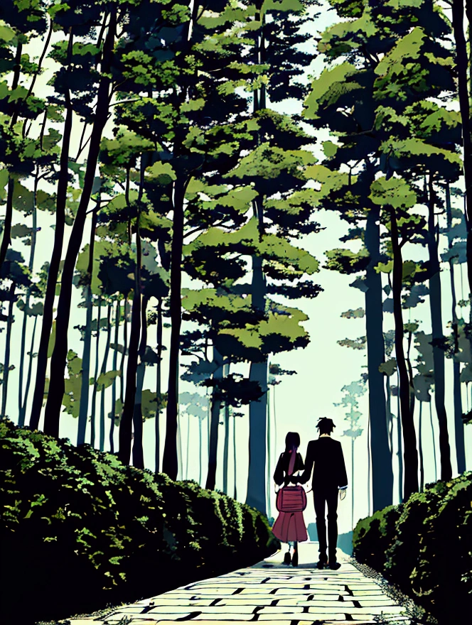 Create an image of a dark, foggy forest path. On this path, there are three characters in anime/manga style: one character is standing in the foreground with their back facing the viewer, wearing a and carrying a bag. Further down the path, there are two characters boy and girl holding hands and walking away from the viewer. The foreground character appears to be observing the two characters in the distance.