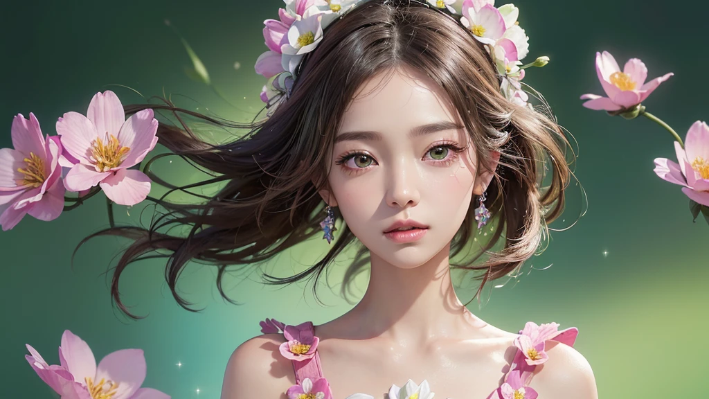 One girl, alone, flower畑, flower, (Official Art, unity 8k wallpaper, Super detailed, beautifully、aesthetic, masterpiece ,Highest quality:1.3), (Dynamic Angle:1.2), (Floating colorful sparkles:1) , elegant, Vibrant colors, Highly detailed face, Detailed eyes, Glowing Skin, Glossy Lips , Pale green background,