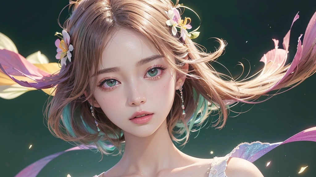One girl, alone, flower畑, flower, (Official Art, unity 8k wallpaper, Super detailed, beautifully、aesthetic, masterpiece ,Highest quality:1.3), (Dynamic Angle:1.2), (Floating colorful sparkles:1) , elegant, Vibrant colors, Highly detailed face, Detailed eyes, Glowing Skin, Glossy Lips , Pale green background,