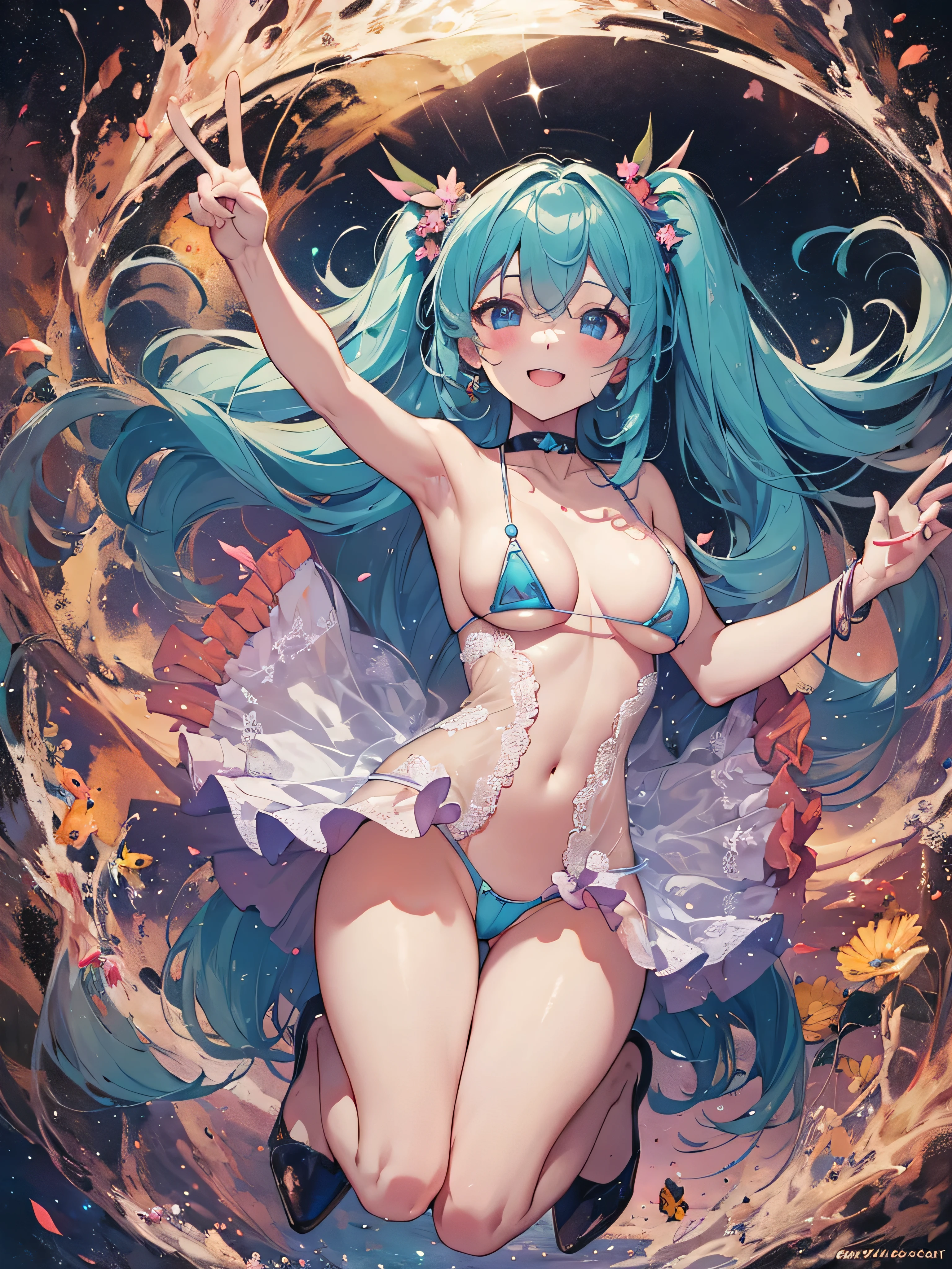 soles, masterpiece, Hatsune Miku, 1 person, solo, hair inhalation, face up, blue sky, glow white particle, (sidelighting:1.2), sun rise , pink cloud, detailed clouds, slender, Lovely small exposed large breasts, super cute smile with teeth, red cheek, blushing, beautiful green hair, magic light, deep shiny blue eyes, cute girly pause, Draw your breasts inward and push them up, choker, exposed breasts, exposed pink nipples, white micro bikini, super detailed beautiful Kyoto view background, sunset view, wide shot, giving peace sign, jumping, fun, full body, fireworks,galaxy,glint ,light particles,light rays,light trail,Energy circle,Magic Formation,Concentric circle,fire magic,magic circle,milky way,planet,shooting star,sky,solo, sparkle background,star \(sky\),star \(symbol\),starry background,starry sky,starry sky print, tattoo on breasts, full body