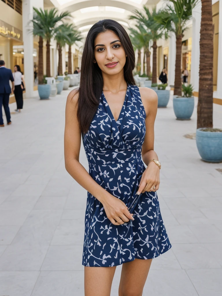 Rania, 1girl, solo, ((Egyptian woman)), consistent face and body, ((MILF)), ((30 years old)), (mature), ((slim)), ((Egyptian face)), (Egyptian nose), (Egyptian lips), ((long straight hair)), upper body and upper legs, (background: mall in Saudi), BREAK, (wearing navy-blue printed mini  dress),