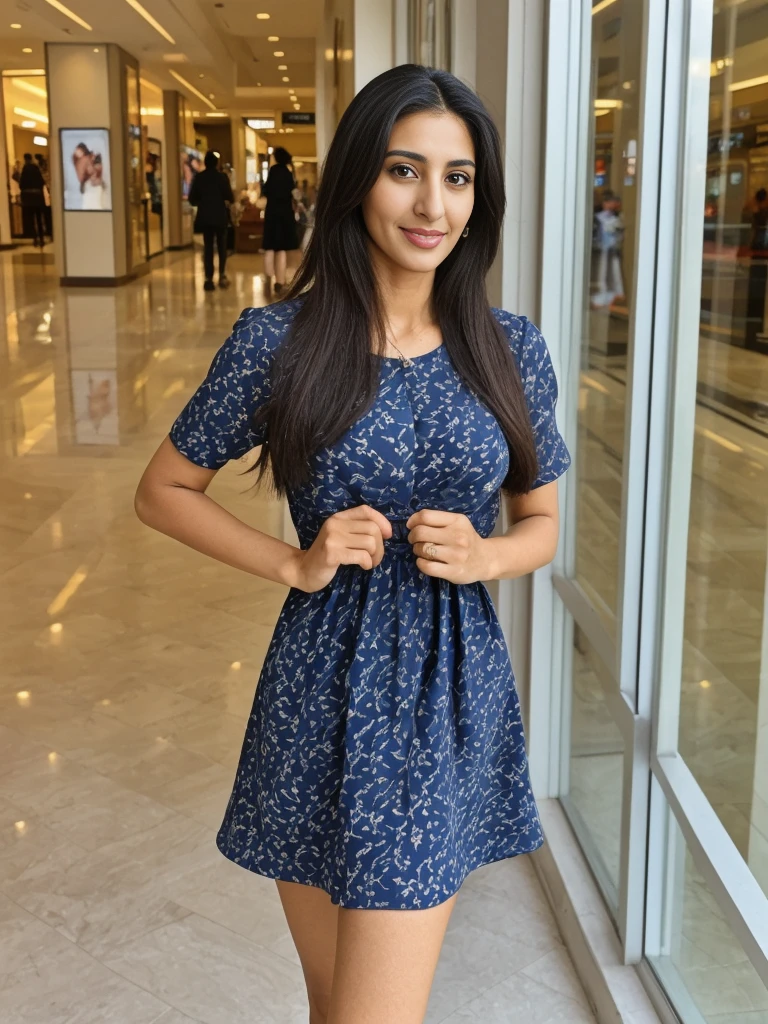 Rania, 1girl, solo, ((Egyptian woman)), consistent face and body, ((MILF)), ((30 years old)), (mature), ((slim)), ((Egyptian face)), (Egyptian nose), (Egyptian lips), ((long straight hair)), upper body and upper legs, (background: mall in Saudi), BREAK, (wearing navy-blue printed mini dress),