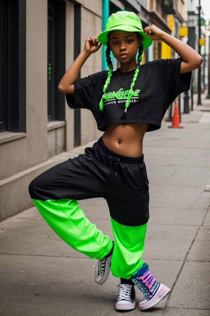 Image of a girl wearing neon green baggy pants, body interior negro, una blusa crop top oversize, with a fisherman hat, hairstyle with colorful braids, black converse model shoes and go breakdancing.