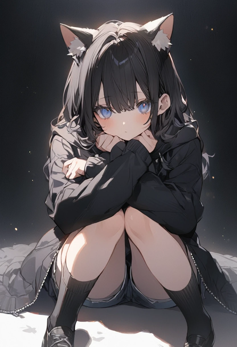 One Girl、Black Hair、Dark blue eyes、Cat ear、Black hoodie、Perfect Face、Perfect Eyes、Perfect Nose、Perfect Mouth、beautiful、Delicate eyes、Fair skin、cute、、cute、Sitting on the floor、Black socks、Jean Shorts、Black Background、frontを向いている、Hands hidden in sleeves、front