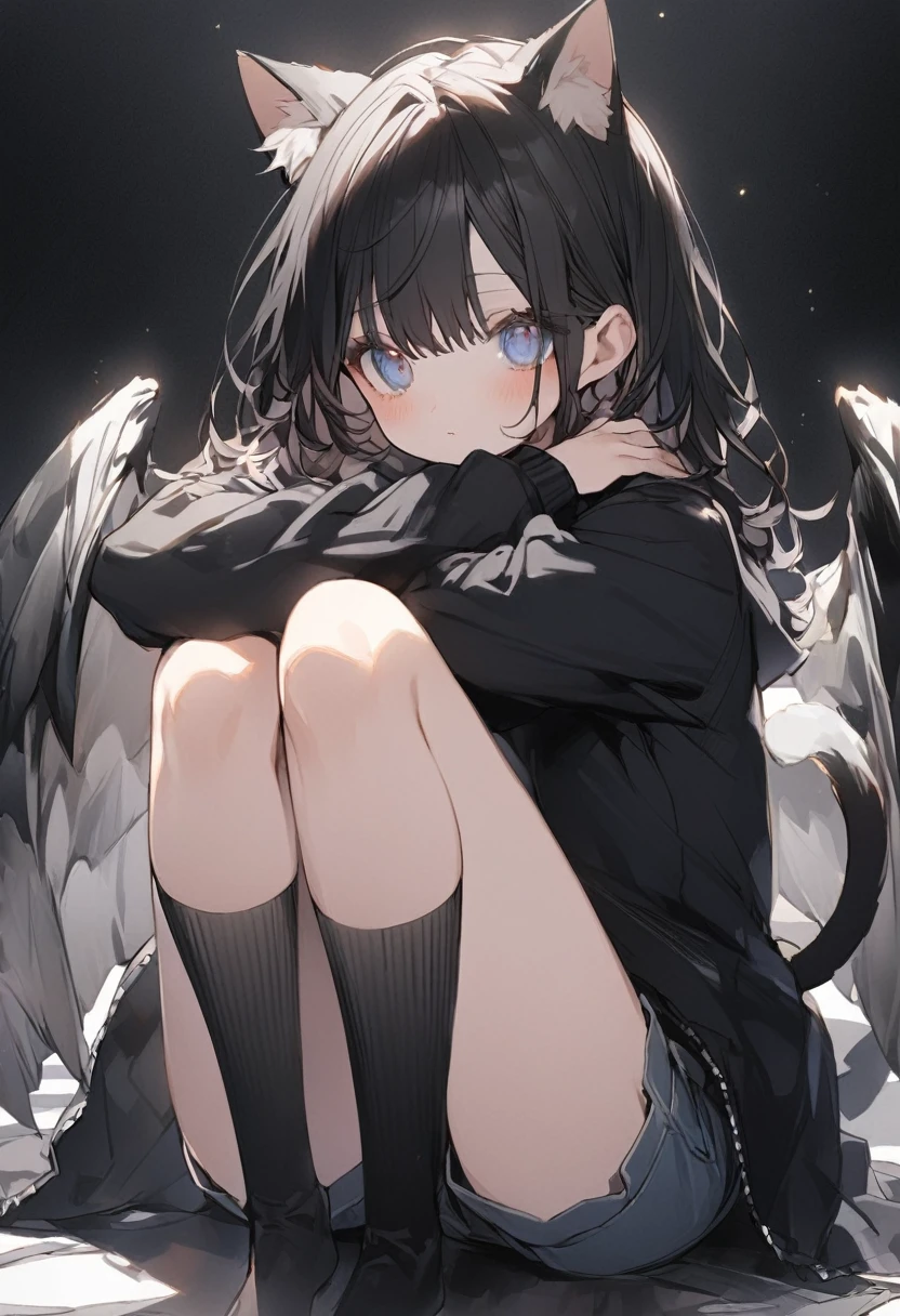 One Girl、Black Hair、Dark blue eyes、Cat ear、Black hoodie、Perfect Face、Perfect Eyes、Perfect Nose、Perfect Mouth、beautiful、Delicate eyes、Fair skin、cute、、cute、Sitting on the floor、Black socks、Jean Shorts、Black Background、frontを向いている、Hands hidden in sleeves、front