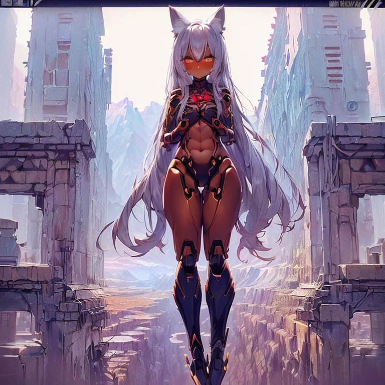 (Fox Girl, Fox Ears, Silver Hair, Fox Makeup, One Girl, Long Hair, Alone on the screen, dark skin, High definition, high resolution:1.6), (mecha musume, Machinery Parts,Robot Joints, White and red clothes, face以outside全身機械スーツ:1.8), (Body measurements are 75-60-75!, Young girl body, Small breasts, hands on own chest, Creating a valley, slender, muscle:1.9), Avatar, face, 色っぽいface, Dominant representation, naughty face, Uplifting, Skin Texture, outside, ruins, Ruined City, Broken Building, There are no people