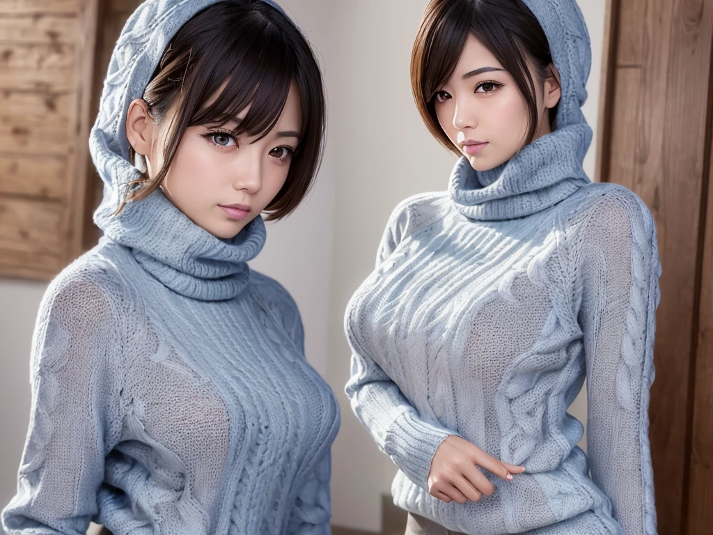(((masterpiece, best quality,ultra-detailed,8k,high resolution))), (upper body),24 years old ,Japanese girl, 1girl, short hair, (Cover half face with a turtleneck sweater:1.8)