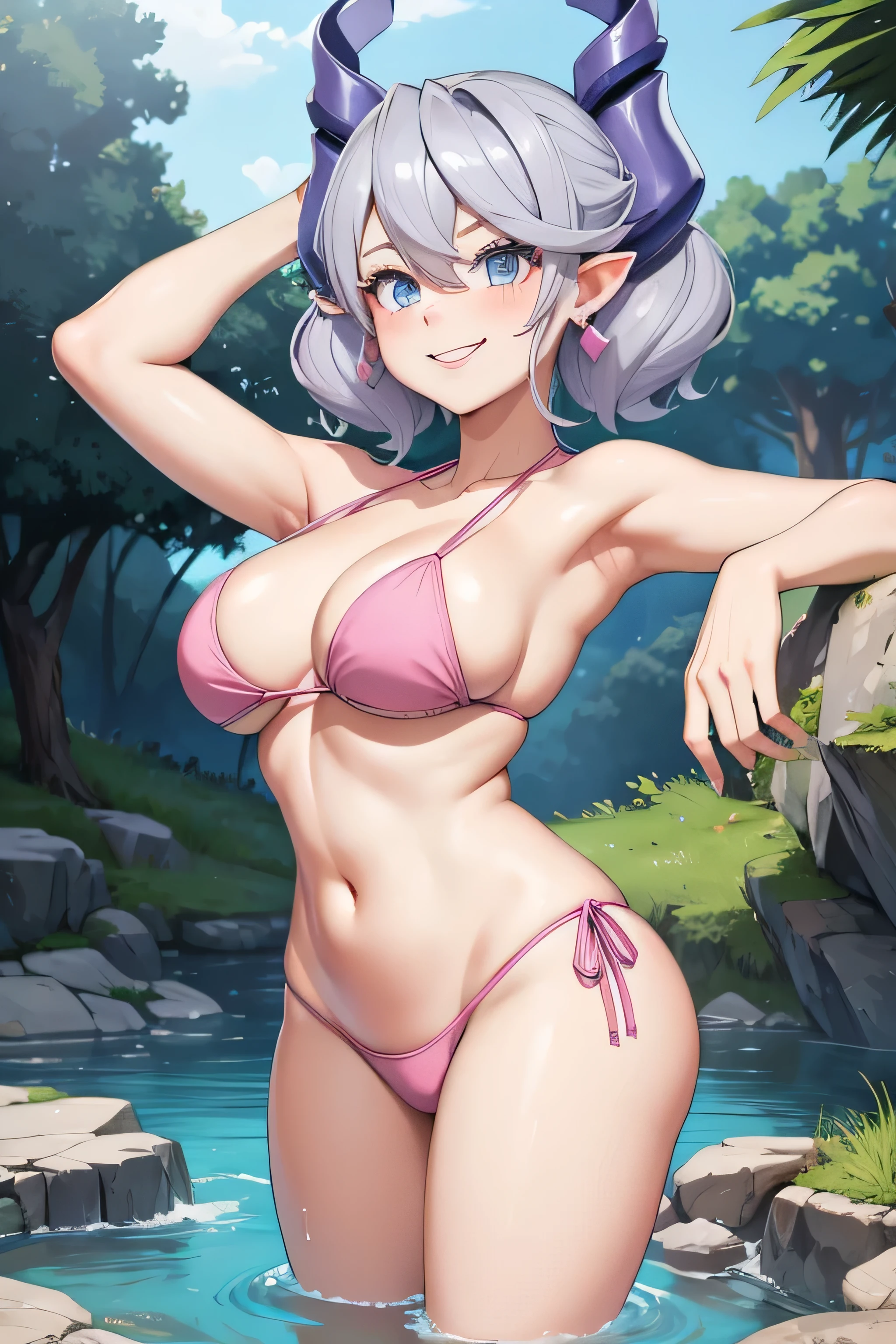 Waterfalls  High level image quality　best image quality　8K　 adult woman   background  a lake in the middle of jungle outside  more colors   whole body view　portrait　wearing deep pink bikini   　pink horn    ears  　short hair（（shortcut）（gray hair）（perm）（fluffy））　eye color is blue ,  , 　attractive evil face , smile   ,  sexy pose   ,  labrynth ,  barearm , both arms over head  , wearing pink ,  crossed legs , 