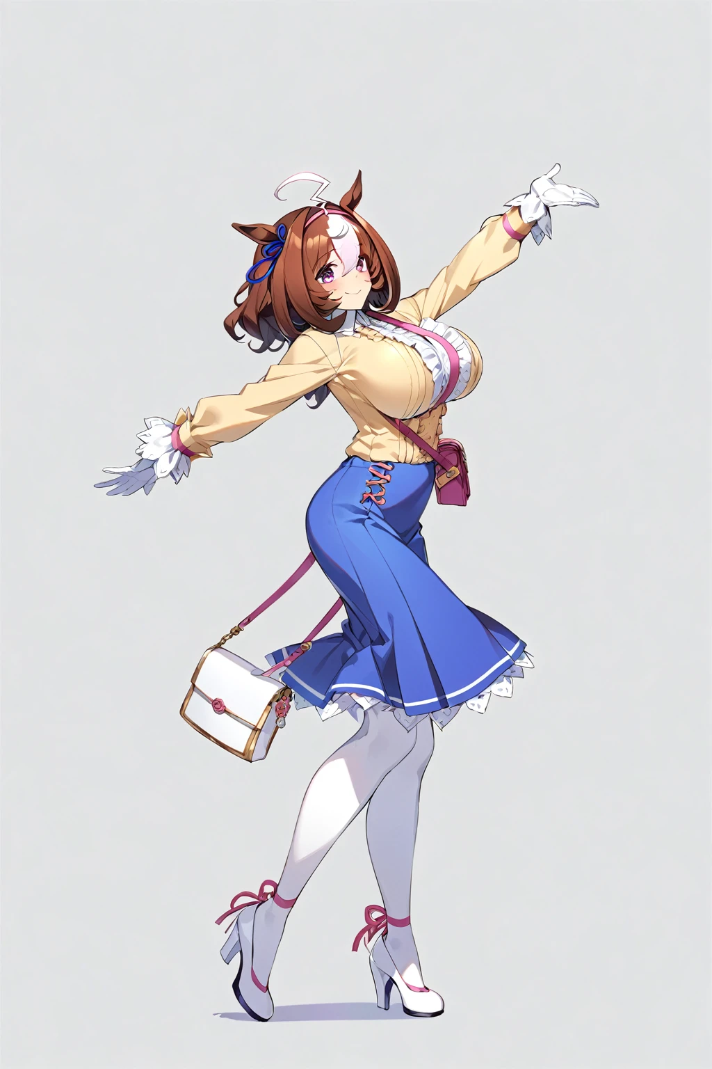 meisho doto \(umamusume\),white shirt, collared shirt, white gloves, shoulder bag, strap between breasts, blue skirt, long sleeves, white thighhighs, high heels, handbag, white footwear, center frills, sleeves past wrist,light smile