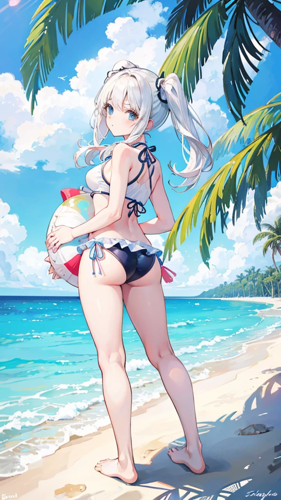 A cool white girl with twin ponytails(Full body picture),High-resolution details,Beach,coconut tree,Happy, cheerful and lively,Perfect body,(Super clear picture quality),(String-style swimsuit with cute pattern)(Portrait portrait)(Standing sideways)Front convex and back curved,(Hands tying hair)