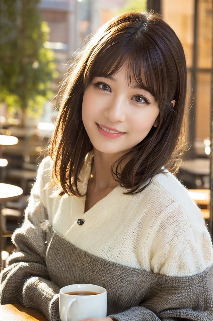 masutepiece, Best Quality, Illustration, Ultra-detailed, finely detail, hight resolution, 8K Wallpaper, Perfect dynamic composition, Beautiful detailed eyes, Long sleeve knit with shoulder extension,Bob Hair, mid-chest, Natural Color Lip, Random and sexy poses,Smile,20 years girl,Colossal tits,cafes,Coffee,Emphasis on the chest