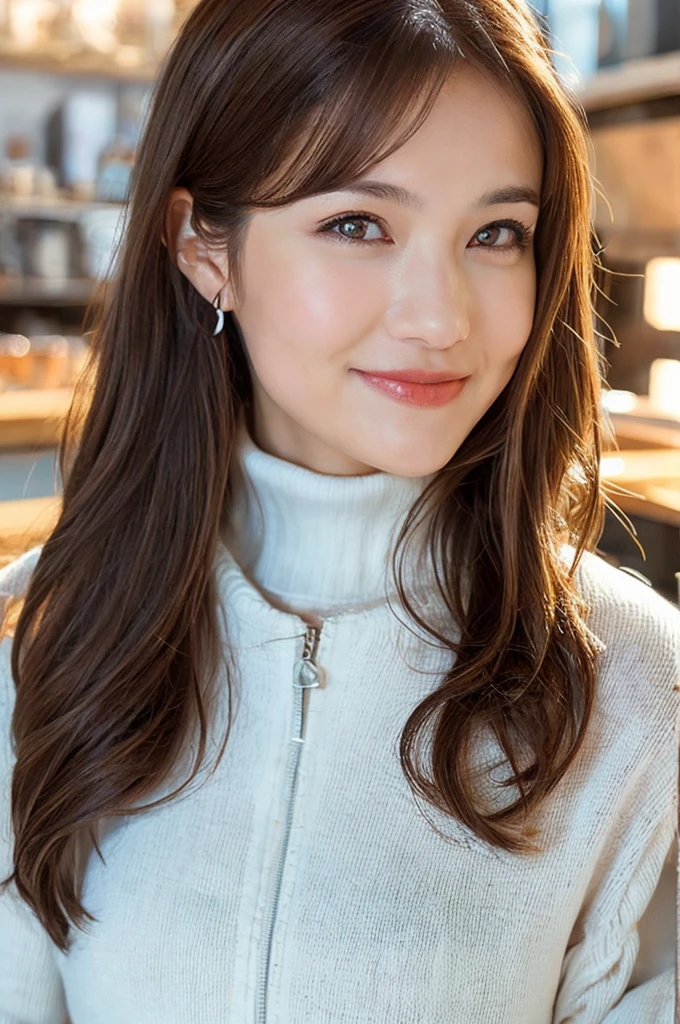 masutepiece, Best Quality, Illustration, Ultra-detailed, finely detail, hight resolution, 8K Wallpaper, Perfect dynamic composition, Beautiful detailed eyes, Long sleeve knit with shoulder extension,Bob Hair, mid-chest, Natural Color Lip, Random and sexy poses,Smile,20 years girl,Colossal tits,cafes,Coffee,Emphasis on the chest