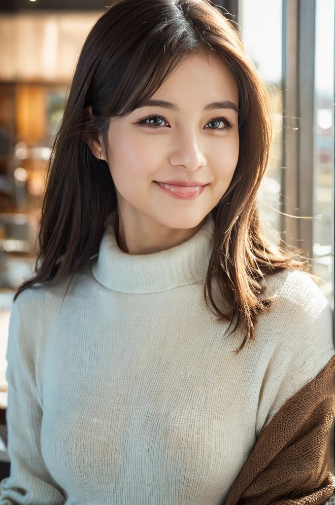 masutepiece, Best Quality, Illustration, Ultra-detailed, finely detail, hight resolution, 8K Wallpaper, Perfect dynamic composition, Beautiful detailed eyes, Long sleeve knit with shoulder extension,Bob Hair, mid-chest, Natural Color Lip, Random and sexy poses,Smile,20 years girl,Colossal tits,cafes,Coffee,Emphasis on the chest