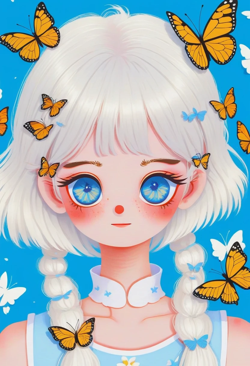 1 Girl,White hair,Colored contact lenses, Colored eyelashes,Lovely,A few butterflies,Blue Background,White and blue,Artistic sense,Minimalist Art,Vector illustration,Flat illustration,Japanese cartoons