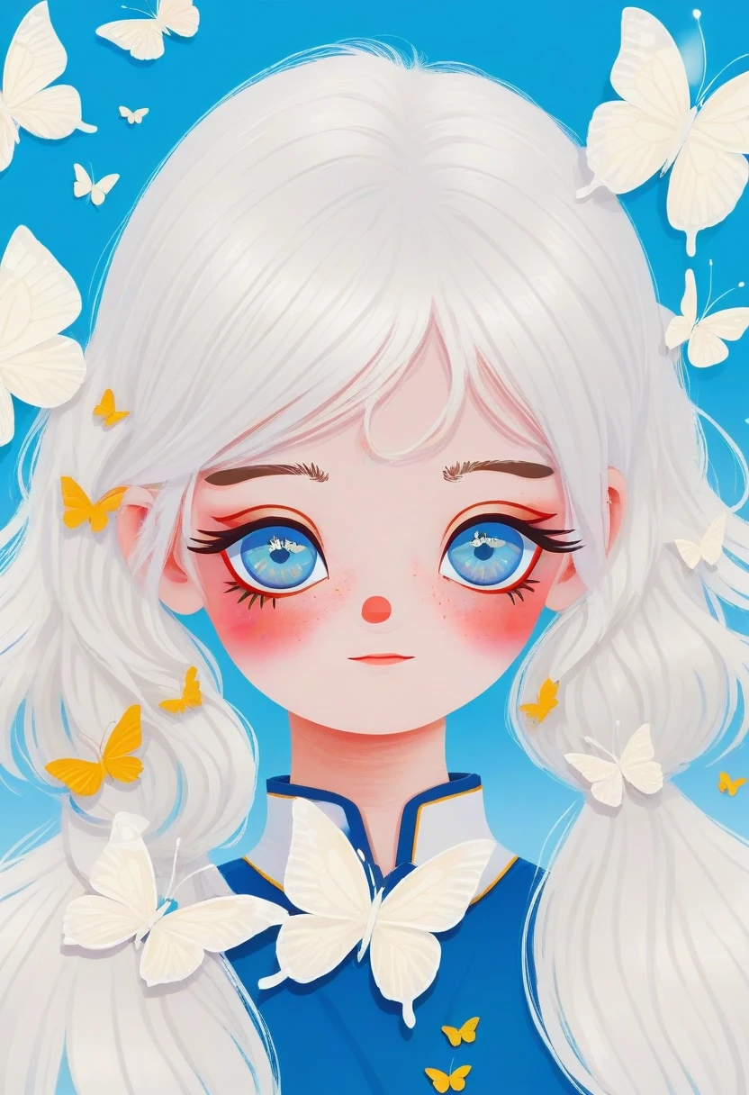 1 Girl，White hair，Colored contact lenses, Colored eyelashes，Lovely，A few butterflies，Blue Background，White and blue，Artistic sense，Minimalist Art，Vector illustration，Flat illustration，Japanese cartoons