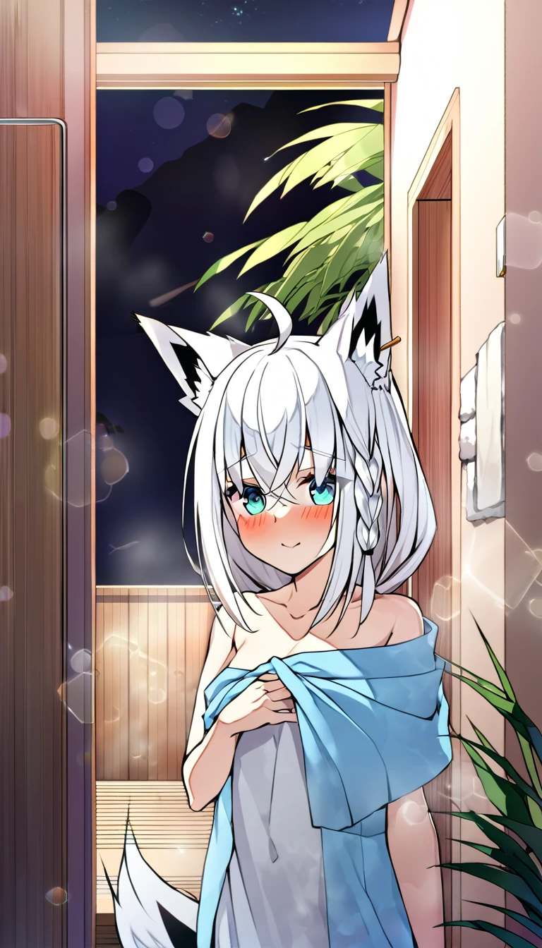 one girl, Shirakami Fubuki, fox ears, white hair, after taking a bath, blush, bath towel, at hotel