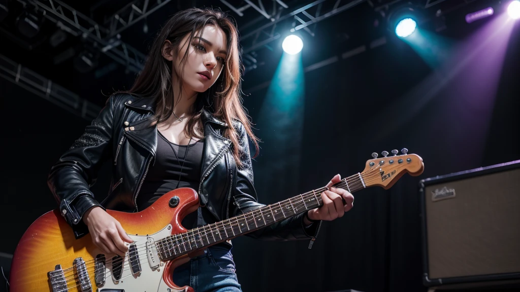 a beautiful woman playing an electric guitar, detailed portrait, photorealistic, high quality, 8K, ultra-detailed, sharp focus, vivid colors, dramatic lighting, seductive expression, long hair, leather jacket, skinny jeans, stage performance, rock music, concert, neon lights