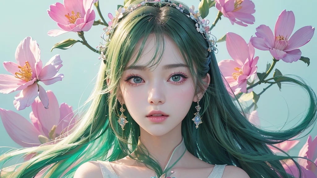 One girl, alone, flower畑, flower, (Official Art, unity 8k wallpaper, Super detailed, beautifully、aesthetic, masterpiece ,Highest quality:1.3), (Dynamic Angle:1.2), (Floating colorful sparkles:1) , elegant, Vibrant colors, Highly detailed face, Detailed eyes, Glowing Skin, Glossy Lips , Pale green background,