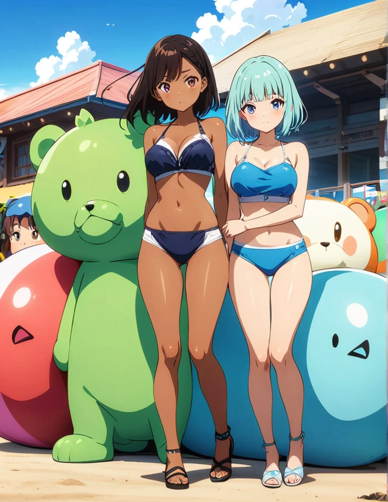 (anime artwork, anime style, studio anime, very detailed, up to date, vibrant, Anime Coloring, high contrast, masterpiece:1.2, best quality, best aesthetics),2 girl,hug from behind,bikini, Medium chest, A glimpse of thighs,random hair, One eye is hidden by the bangs, perfect proportions, high detail skin, Cute, detailed faces,beach, precise fingers,curvy,swim suits  crowd, dark skin,cocoa skin, swim suit tanned,full body 