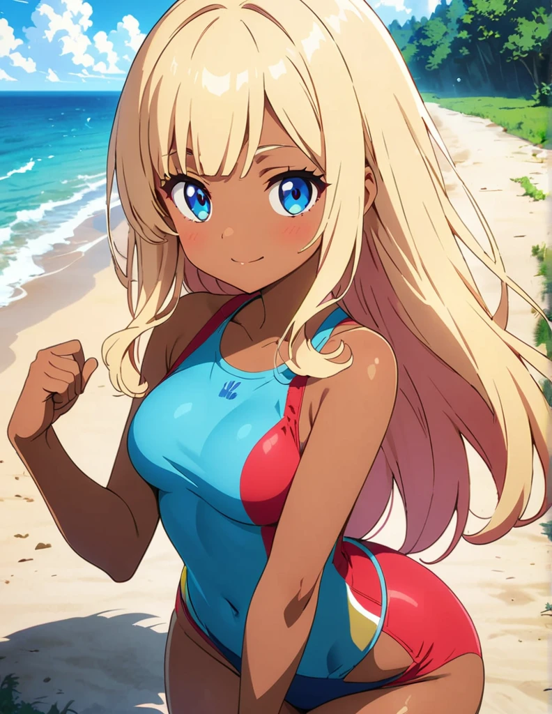(anime artwork, anime style, studio anime, very detailed, up to date, vibrant, Anime Coloring, high contrast, masterpiece:1.2, best quality, best aesthetics),2 girl,hug from behind,bikini, Medium chest, A glimpse of thighs,random hair, One eye is hidden by the bangs, perfect proportions, high detail skin, Cute, detailed faces,beach, precise fingers,curvy,swim suits crowd, dark skin,cocoa skin, swim suit tanned,full body