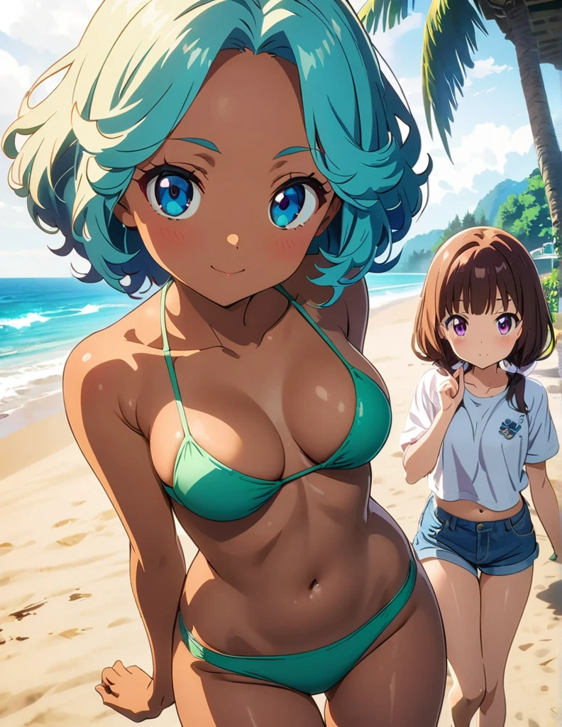 (anime artwork, anime style, studio anime, very detailed, up to date, vibrant, Anime Coloring, high contrast, masterpiece:1.2, best quality, best aesthetics),2 girl,hug from behind,bikini, Medium chest, A glimpse of thighs,random hair, One eye is hidden by the bangs, perfect proportions, high detail skin, Cute, detailed faces,beach, precise fingers,curvy,swim suits  crowd, dark skin,cocoa skin, swim suit tanned,full body 