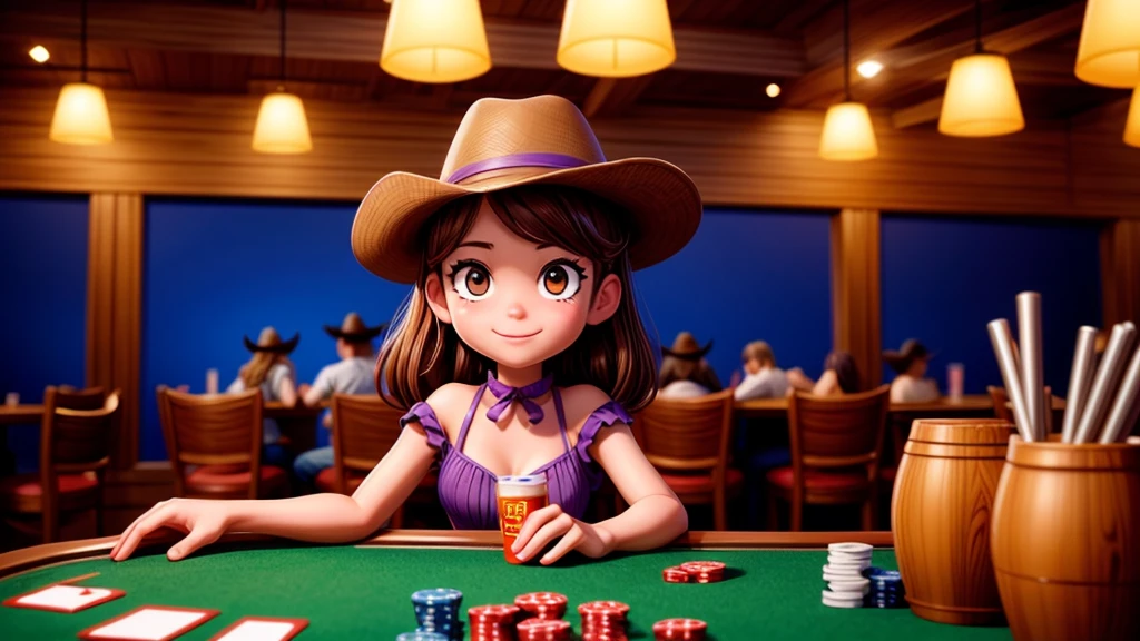 a cowgirl playing poker in a western saloon, leather jacket, jeans, beer, cigar smoke, drunk causing trouble, highly detailed, photorealistic, masterpiece, award winning, cinematic lighting, dramatic composition, warm color palette, realistic textures, extreme fine details, hyper realistic, 8k, HDR, physically-based rendering