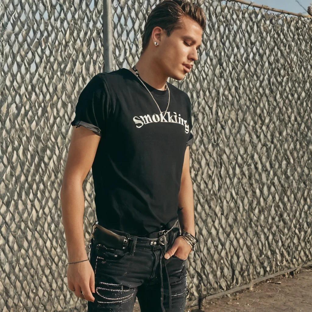 Low angle shot, side view, a man is standing while smoking. He is wearing a black bandshirt and washed out denim pants, with rings, bracelets, and necklaces. Profile view. He turns his head to the camera